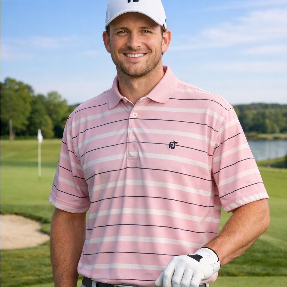 Footjoy Golf Shirt Mens L Pink BlackStripe Short Sleeve Performance Polo Stretch